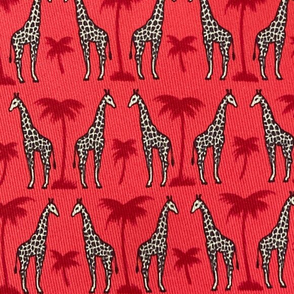 100% REAL HERMES TIE ~ CHERRY RED w FUN YELLOW & BLACK AFRICAN GIRAFFE TREES XL - Picture 5 of 5